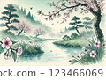 Watercolor Japanese landscape 123466069