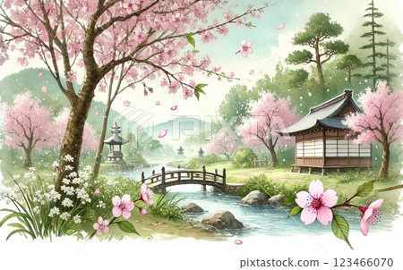 Watercolor Japanese landscape 123466070