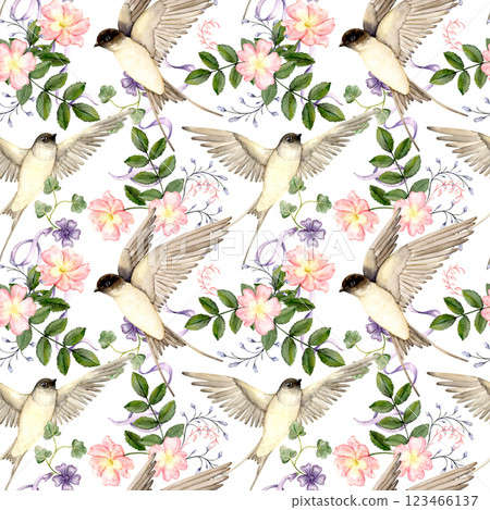 Seamless pattern with birds,flowers and vintage ribbons 123466137