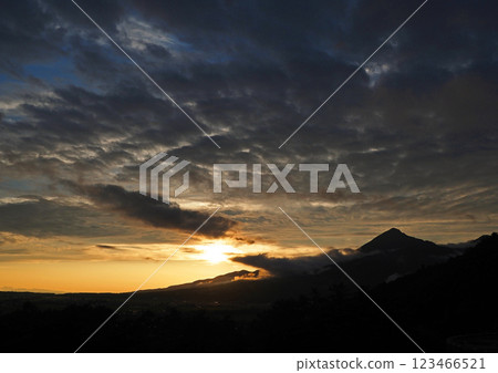 磐梯山的輪廓與夕陽的橙色光芒形成了鮮明而美麗的對比。 磐梯山的輪廓與夕陽的橙色光芒形成了鮮明而美麗的對比。 123466521