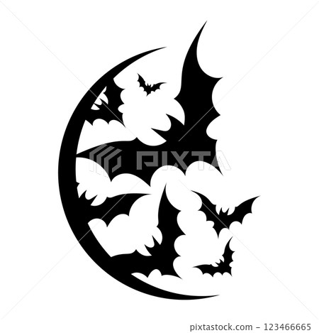 Crescent moon with flying bats black silhouette. Moon with bats icon, sticker, badge or print for a T-shirt for the Halloween. 123466665