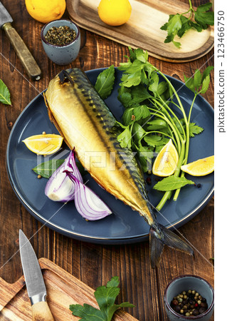 Smoked headless fragrant fish mackerel. 123466750