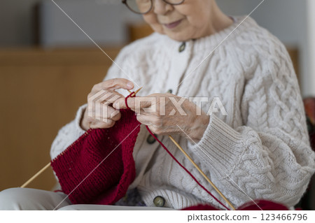 一位高級婦女編織的手 123466796