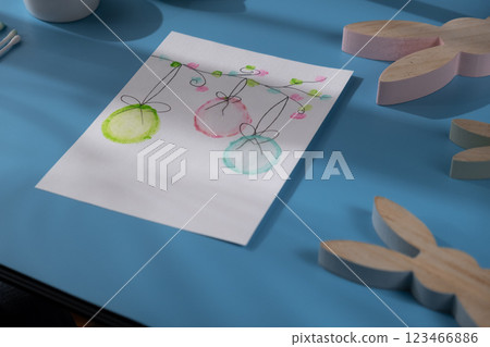 Drawing Easter eggs Storytelling of creating craft Easter greeting card holiday present. Tactile hand-on activity. Master class progress of creative me-made gifts. Seasonal domestic life micro moment 123466886
