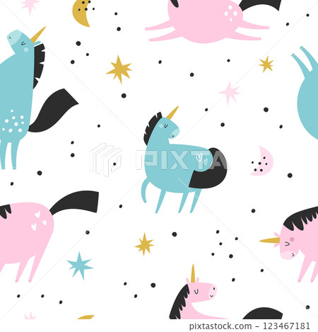 Seamless pattern with cute unicorns in a childish flat style. Perfect for wrapping paper, decorations, prints 123467181
