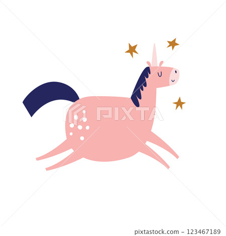Vector illustration of cute unicorn in a childish flat style. Vector illustration of cute unicorn in a childish flat style. 123467189