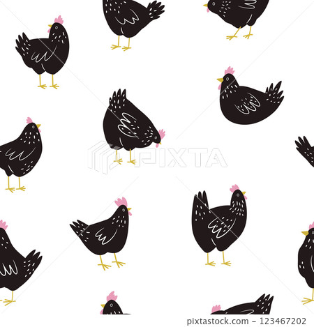 Seamless pattern with funny chickens, cocks for wrapping paper, textile, fabric. Perfect for kitchen prints Seamless pattern with funny chickens, cocks for wrapping paper, textile, fabric. Perfect for kitchen prints 123467202