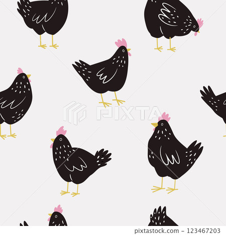 Seamless pattern with funny chickens, cocks for wrapping paper, textile, fabric. Perfect for kitchen prints 123467203