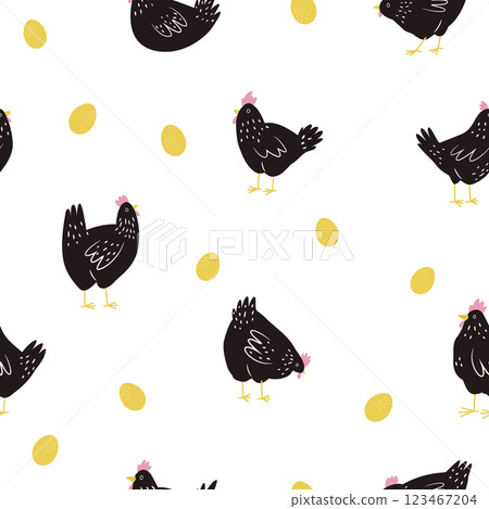 Seamless pattern with funny chickens, cocks and eggs for wrapping paper, textile, fabric. Perfect for kitchen prints 123467204