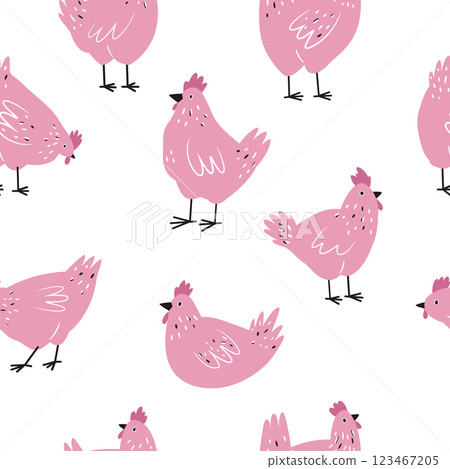 Seamless pattern with funny chickens, cocks for wrapping paper, textile, fabric. Perfect for kitchen prints 123467205