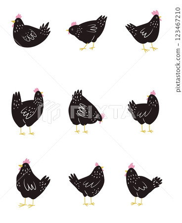 Vertical poster with hand drawn funny hens in different poses. Vertical poster with hand drawn funny hens in different poses. 123467210