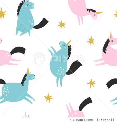 Seamless pattern with cute unicorns in a childish flat style. Perfect for wrapping paper, decorations, prints Seamless pattern with cute unicorns in a childish flat style. Perfect for wrapping paper, decorations, prints 123467211