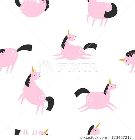 Seamless pattern with cute unicorns in a childish flat style. Perfect for wrapping paper, decorations, prints Seamless pattern with cute unicorns in a childish flat style. Perfect for wrapping paper, decorations, prints 123467212
