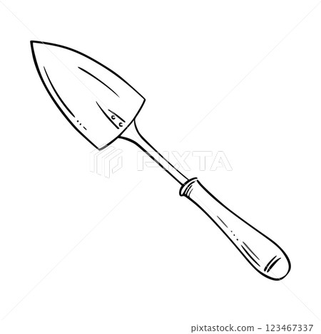 Garden trowel. Minimalist vector illustration of plant spade. Perfect for gardening projects, landscaping, construction and spring planting visuals, sign, label, sticker, card. Clean line art. 123467337