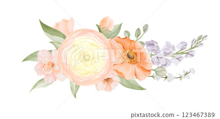 Spring Bouquet from Ranunculus, Poppy, Freesia and Peach or Cherry flowers. Watercolor hand drawn botanical illustration in pastel colors isolated on a white background. Floral art for cards, posters Spring Bouquet from Ranunculus, Poppy, Freesia and Peach or Cherry flowers. Watercolor hand drawn botanical illustration in pastel colors isolated on a white background. Floral art for cards, posters 123467389