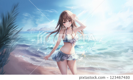 Women in swimsuits playing in the sea AI images 123467480
