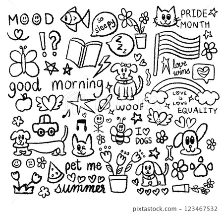 Hand drawn crayon outline illustrations of butterfly, fish, cat, puppy, bee, pride month flag, rainbow, watermelon, apple, book, heart, star, flowers, car for kid colouring book, cartoon, animals Hand drawn crayon outline illustrations of butterfly, fish, cat, puppy, bee, pride month flag, rainbow, watermelon, apple, book, heart, star, flowers, car for kid colouring book, cartoon, animals 123467532