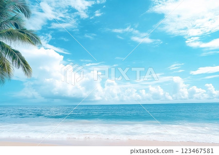Beautiful tropical beach with blue sky and white clouds abstract texture background. Copy space of summer vacation and holiday business travel concept. Vintage tone filter effect color style. 123467581