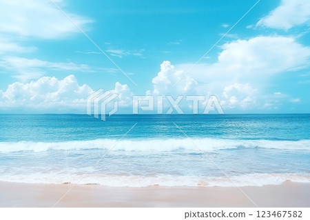 Beautiful tropical beach with blue sky and white clouds abstract texture background. Copy space of summer vacation and holiday business travel concept. Vintage tone filter effect color style. 123467582