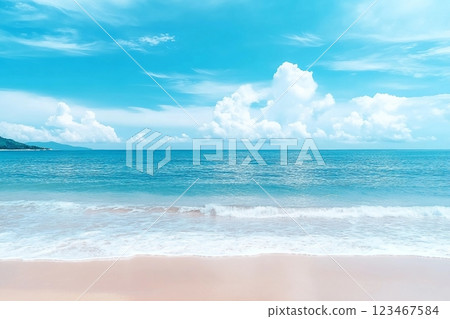 Beautiful tropical beach with blue sky and white clouds abstract texture background. Copy space of summer vacation and holiday business travel concept. Vintage tone filter effect color style. Beautiful tropical beach with blue sky and white clouds abstract texture background. Copy space of summer vacation and holiday business travel concept. Vintage tone filter effect color style. 123467584