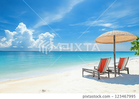 Beach chairs on the white sand beach with cloudy blue sky and sun Beach chairs on the white sand beach with cloudy blue sky and sun 123467995