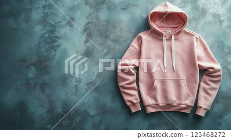 Soft pink hoodie laid flat on a textured blue background for casual style 123468272