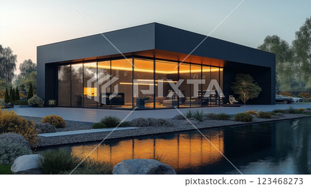 Modern data center building illuminated by twilight in urban landscape. AI generated 123468273