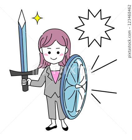 Simple vector illustration of a woman fighting with a sword and shield [business woman] 123468462