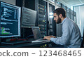 System Administration and Machine Learning Engineer Programming at His Workstation. Man Plans and Carries Out Work to Expand the Network Structure 123468465