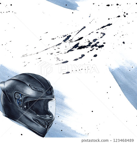 Motorcyclist helmet seamless pattern on blue watercolor spot, splashes. Crash helmet for biker. Moto gear. Illustration isolated from background. For packaging merchandise in motorbike shop, textile 123468489