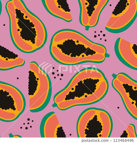 Simple seamless pattern with papaya on a pink background. Vector graphics. Simple seamless pattern with papaya on a pink background. Vector graphics. 123468496