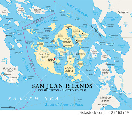 San Juan Islands, part of Washington state, political map. Archipelago in the Pacific Northwest of the United States, east of Vancouver Island, in the Salish Sea, forming the core of San Juan County. San Juan Islands, part of Washington state, political map. Archipelago in the Pacific Northwest of the United States, east of Vancouver Island, in the Salish Sea, forming the core of San Juan County. 123468549