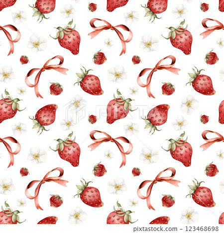 Cute strawberry with red ribbon bow. Watercolor food seamless pattern on white background for delicious summer fabric, kitchen table textile, pretty wrapping paper, food or cosmetic package, valentine 123468698