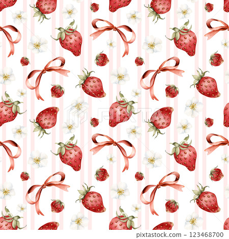 Cute strawberries and red ribbon bows. Watercolor pink striped food seamless pattern on white background for delicious summer fabric, kitchen table textile, pretty wrapping paper, food or cosmetic pac Cute strawberries and red ribbon bows. Watercolor pink striped food seamless pattern on white background for delicious summer fabric, kitchen table textile, pretty wrapping paper, food or cosmetic pac 123468700