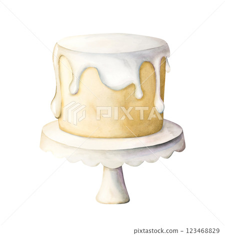Cake with icing on white stand plate, glazed dessert. Watercolor hand painted isolated food illustration for wedding or birthday design, kitchen table textile, cute confectionery, logo, label, card 123468829