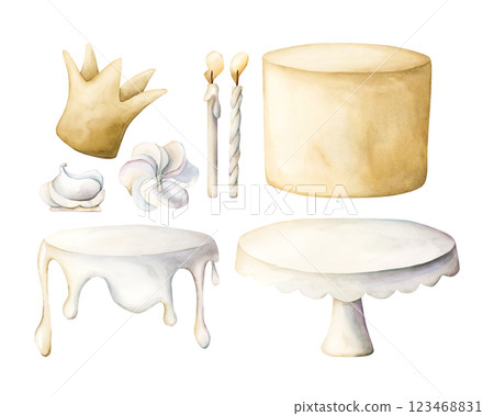 Cute birthday cake with icing, candles, meringue, mastic crown and stand plate clipart set. Watercolor hand painted isolated food illustration for birthday design, textile, confectionery, label, card Cute birthday cake with icing, candles, meringue, mastic crown and stand plate clipart set. Watercolor hand painted isolated food illustration for birthday design, textile, confectionery, label, card 123468831