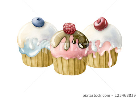 Cute cupcakes with berry fruits. Watercolor hand painted food illustration isolated on white background for kids birthday, baby shower party, nursery clothes fabric, textile, confectionery, bakery Cute cupcakes with berry fruits. Watercolor hand painted food illustration isolated on white background for kids birthday, baby shower party, nursery clothes fabric, textile, confectionery, bakery 123468839