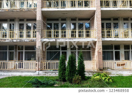 Facade of an old building. Soviet-era apartment building. Facade of an old building. Soviet-era apartment building. 123468938