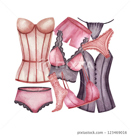 Pink purple lingerie, lace socks, women pyjamas. Watercolor illustration isolated from background. For logo, leaflets and booklets, postcards, packaging in underwear stores 123469016