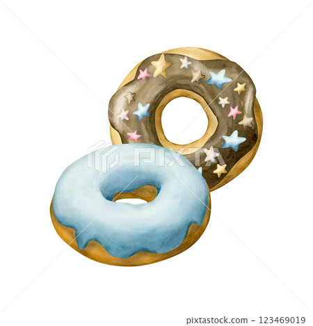 Cute glazed donuts with coloful star sprinkles. Watercolor hand painted sweet food dessert illustration isolated on white background for confectionery design, kids birthday party, card, wrapping Cute glazed donuts with coloful star sprinkles. Watercolor hand painted sweet food dessert illustration isolated on white background for confectionery design, kids birthday party, card, wrapping 123469019