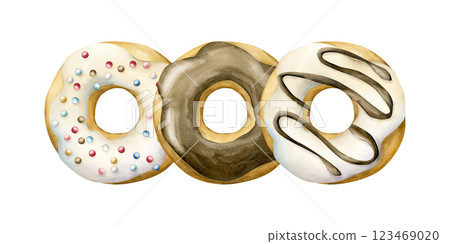 Cute donuts. White and chocolate glazed doughnuts with colorful pastry sprinkles . Watercolor hand painted sweet food illustration isolated on white background for confectionery design, kids birthday Cute donuts. White and chocolate glazed doughnuts with colorful pastry sprinkles . Watercolor hand painted sweet food illustration isolated on white background for confectionery design, kids birthday 123469020