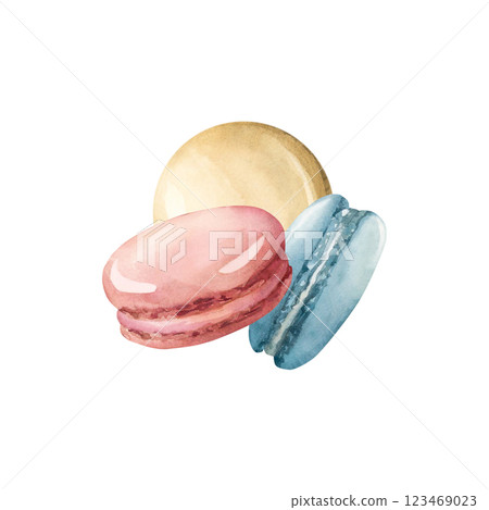 Cute Macaroons. Pink, blue, beige macarons. Watercolor hand painted isolated food illustration for kids birthday party, baby shower, nursery clothes fabric, sweet textile, confectionery, bakery 123469023
