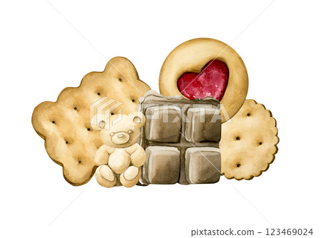 Cute chocolate and cookies. Watercolor hand painted isolated sweet food illustration for confectionery bakery design, birthday party, kids clothes fabric, kitchen table textile, logo, label, card 123469024
