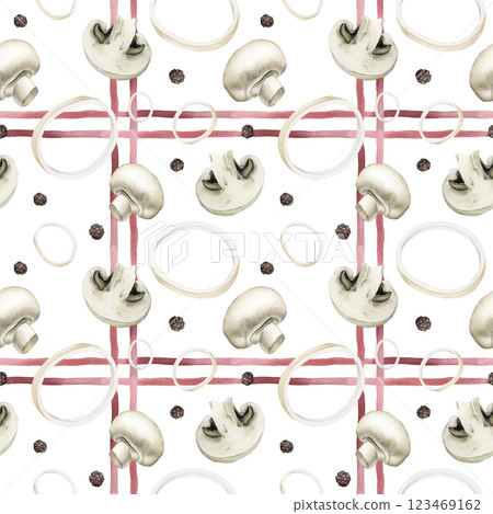 Champignon mushrooms, onion rings and black pepper. Watercolor red stripped checked seamless pattern on white background for kitchen table textile, fabric, food package, wrapping paper, cooking design Champignon mushrooms, onion rings and black pepper. Watercolor red stripped checked seamless pattern on white background for kitchen table textile, fabric, food package, wrapping paper, cooking design 123469162