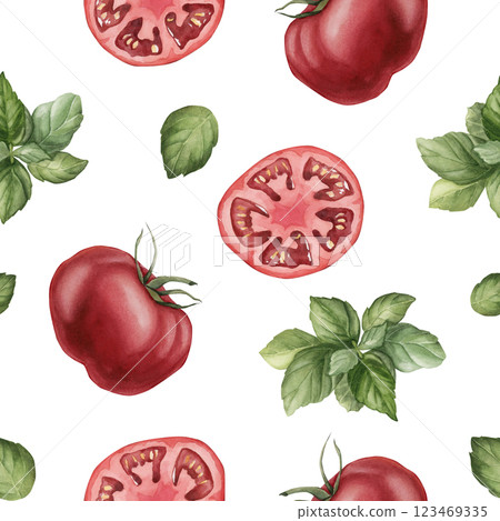 Tomatoes with basil leaves. Fresh vegetables. Watercolor food seamless pattern on white background for kitchen table textile, delicious fabric, food package, wrapping paper, cooking design, cookbook Tomatoes with basil leaves. Fresh vegetables. Watercolor food seamless pattern on white background for kitchen table textile, delicious fabric, food package, wrapping paper, cooking design, cookbook 123469335