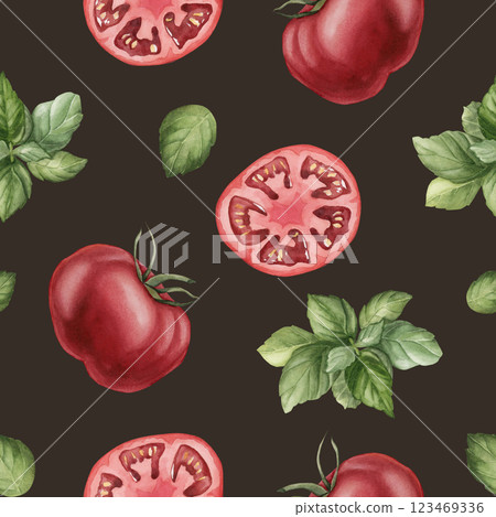 Tomatoes with basil leaves. Fresh vegetables. Watercolor food seamless pattern on dark black background for kitchen table textile, delicious fabric, food package, wrapping paper, cooking design Tomatoes with basil leaves. Fresh vegetables. Watercolor food seamless pattern on dark black background for kitchen table textile, delicious fabric, food package, wrapping paper, cooking design 123469336