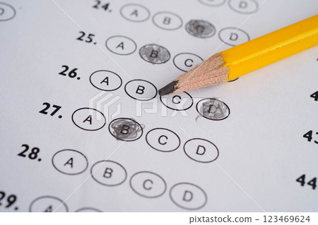 Answer sheets with pencil drawing fill to select choice, education concept. 123469624