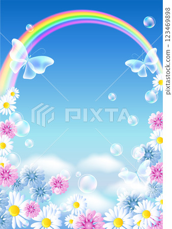 Rainbow with butterflies, bubbles and meadow flowers in the clouds sky. Summer background. Environmental concept. 123469898