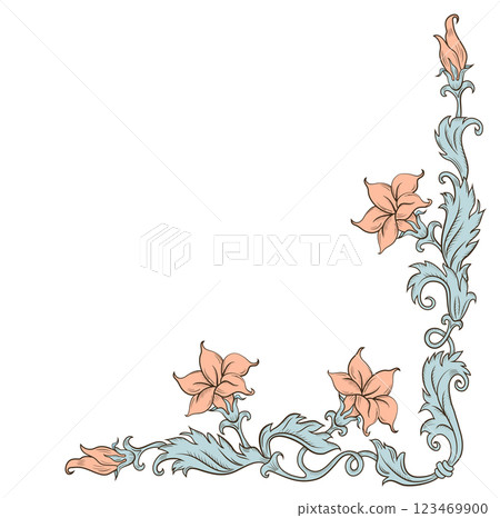 Corner vintage ornament in baroque victorian style with drawn fine lines detailed foliage and flowers. 123469900