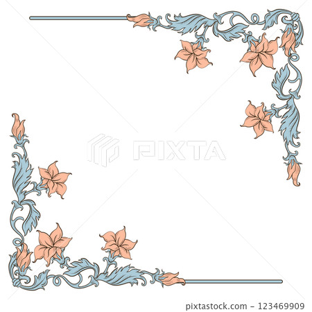 Vintage ornament frame in baroque victorian style with drawn fine lines detailed foliage and flowers. 123469909